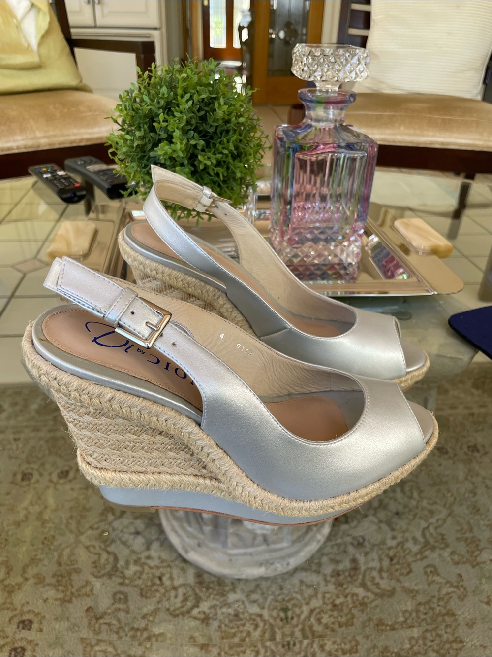 Silver Peep-Toe Slingback Wedge Espadrilles
